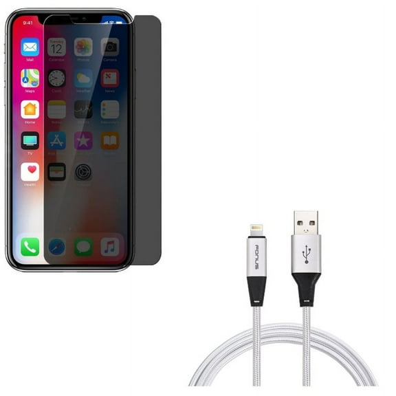 iPhone XS/X - Tempered Glass Privacy Screen Protector w Charger Cord 10ft USB Cable - Curved Anti-Spy Anti-Peep 3D Edge Case Friendly, Power Wire Braided Long Sync Fast Charge