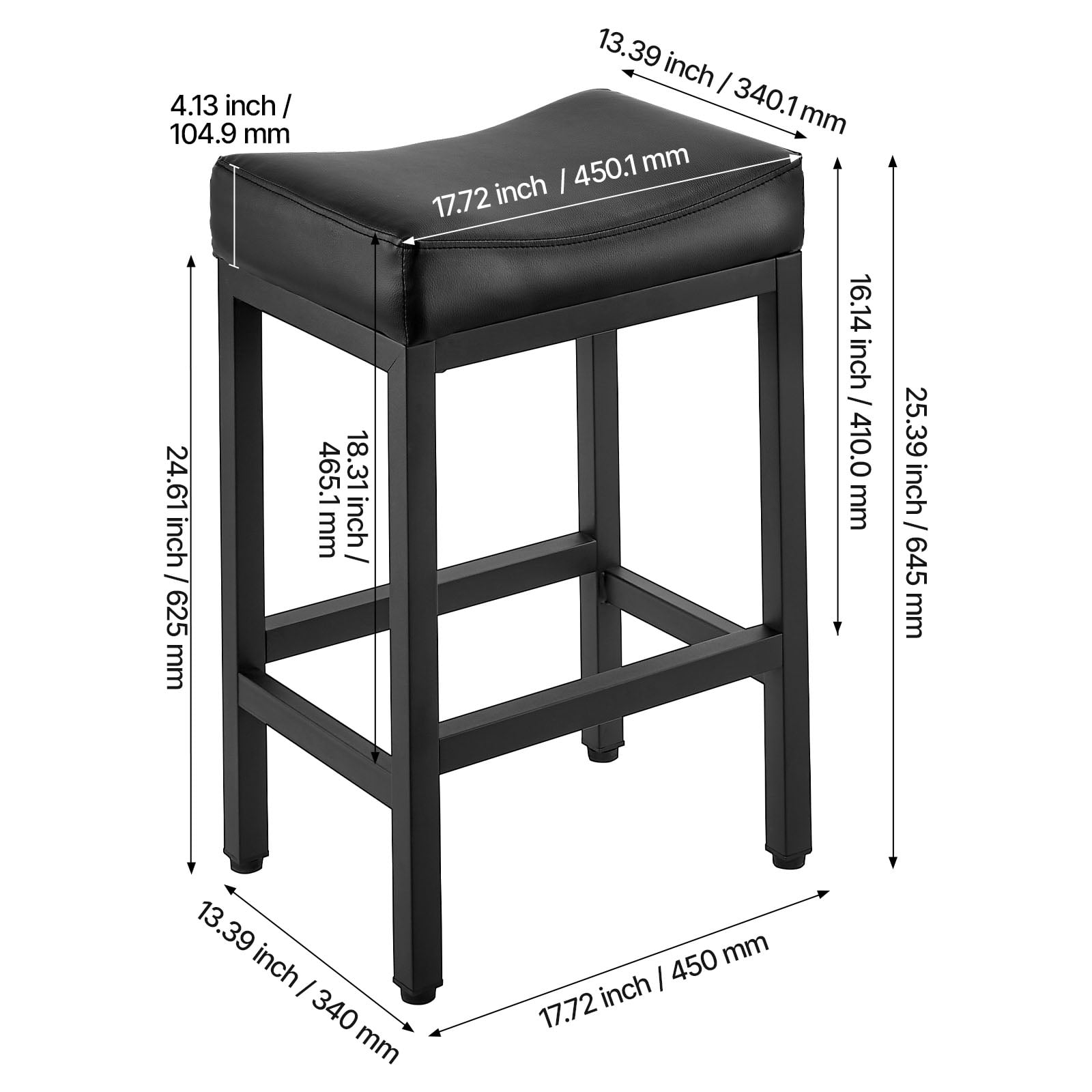 KFFKFF Set of 2 PU Leather Bar Stools, 25-inch Counter Height Saddle-Seat with Metal Legs, Backless Design for Kitchen, Dining Room, Cafe, Easy-to-Assemble, Black