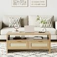 thumbnail image 1 of Mid Century Modern Rattan Coffee Table - Rectangular Wooden Center Table with 2 Storage Drawers & Open Shelf - Boho Living Room Furniture - Ideal for Home or Office - Brown, 1 of 8