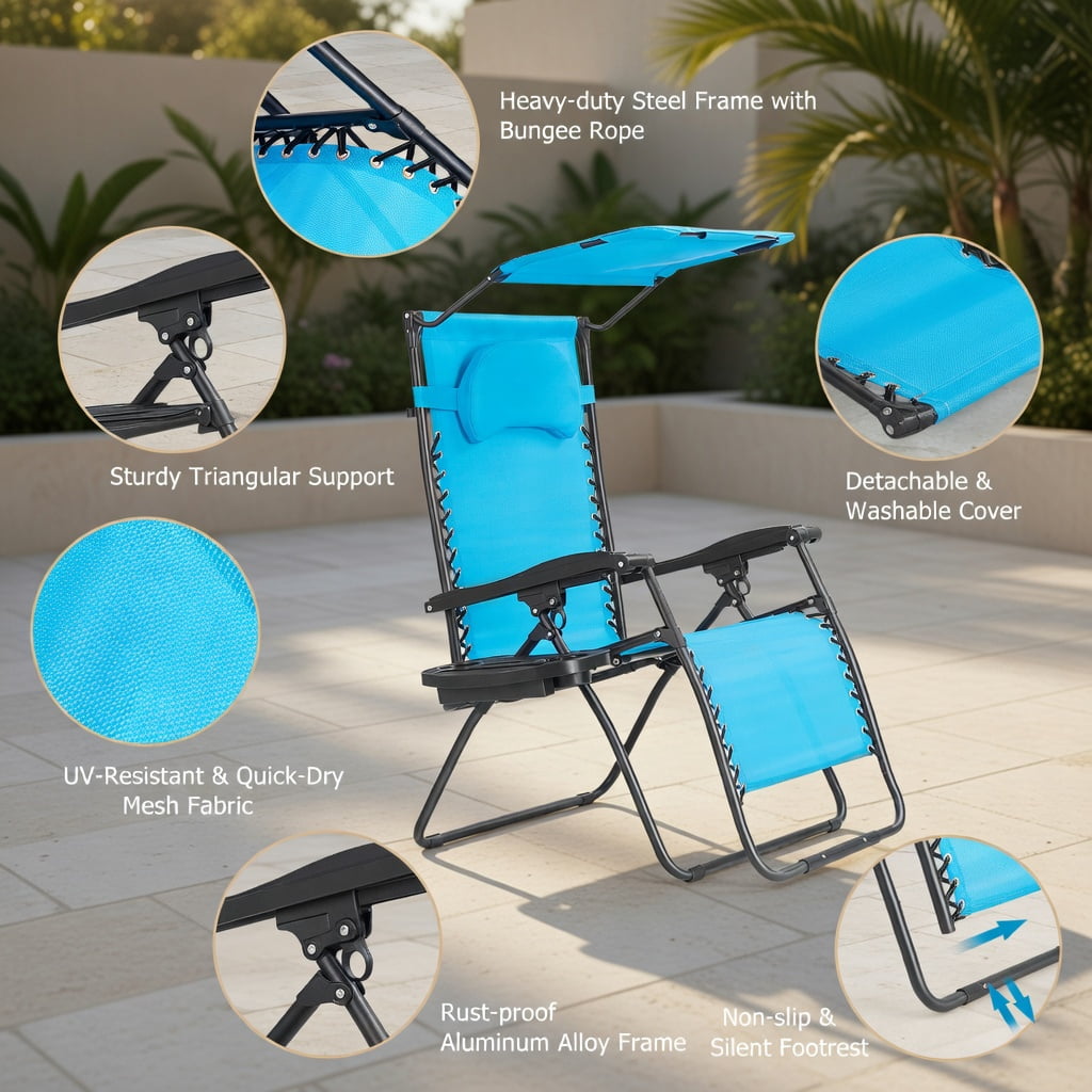 Hommoo Folding Recliner Lounge Chair with Adjustable Sun Shade Canopy, Removable Cup Holder & Headrest, Steel Frame, Turquoise