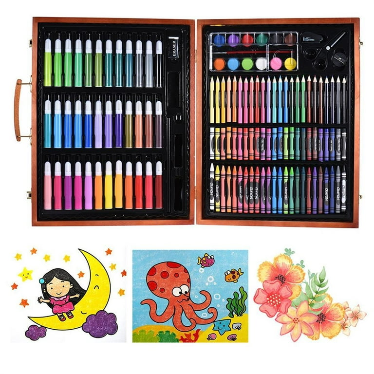 Happyline 148pcs Deluxe Art Set for Kids with Wooden Case Color Markers  Pencils Crayons Oil Pastels Watercolor Painting Supplies 