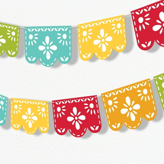 Big Dot of Happiness Let's Fiesta Garland Banner, Mexican Fiesta Party Decorations, 30 Feet of Cord, 15 Double-Sided Colorful Paper Picado Banner Shapes