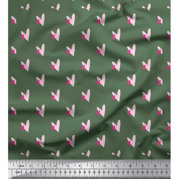 Soimoi Green Cotton Voile Fabric Pink Heart Print Fabric by the Yard 42 Inch Wide