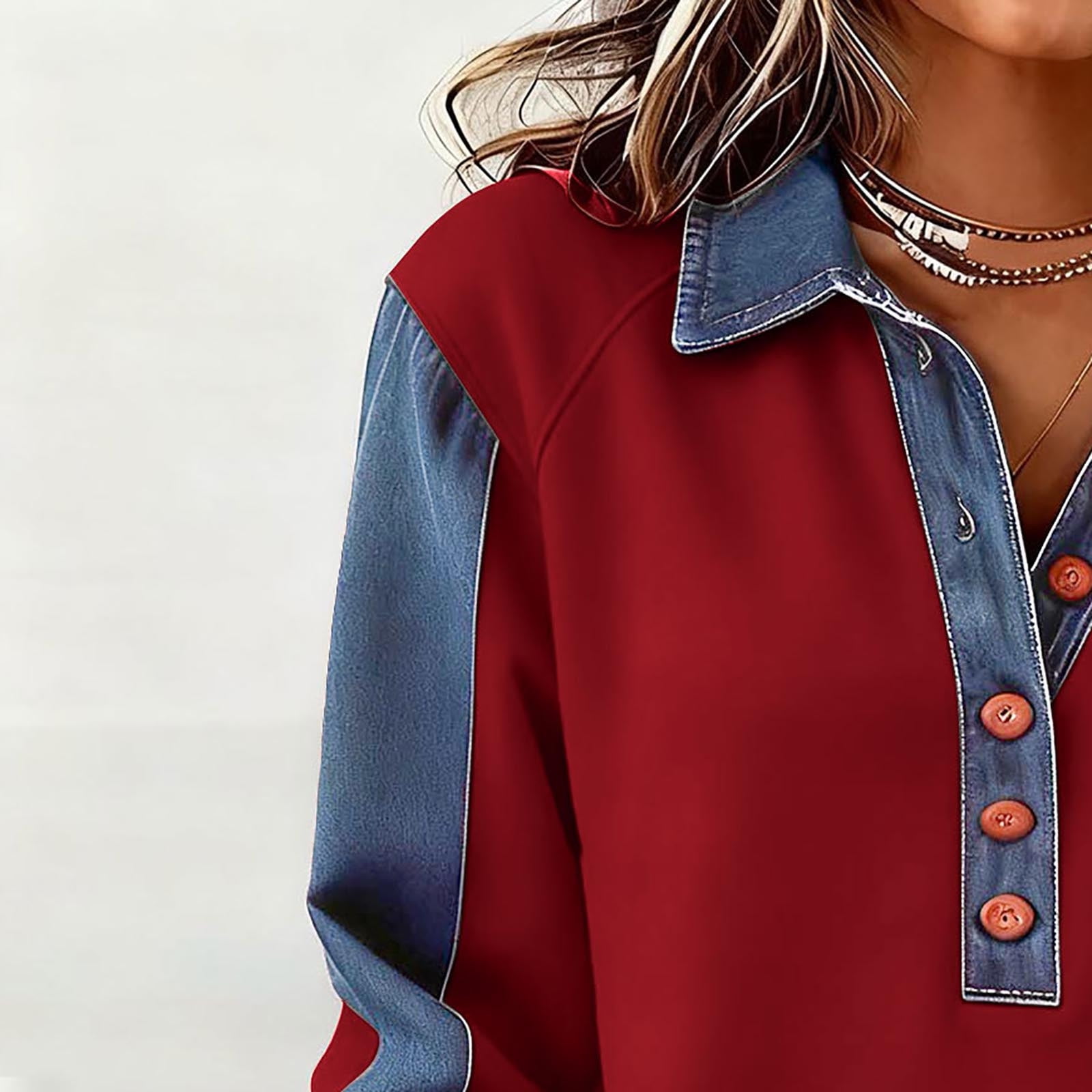 Denim Sweater for Women Collar Button up Patchwork Pullover Tops Vintage Knit Jean Casual Wear Blouses