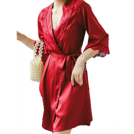 

3Pcs Sexy Lingerie Women Silk Lace Robe Dress Babydoll Nightgown Sleepwear Sets