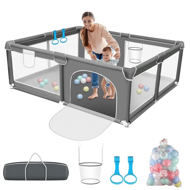 Corralito para Bebé, Juego de Parque Infantil, con 50 Bolas Oceánicas, Aro de Baloncesto, Anillos de Tracción, Bolsa de Almacenamiento, Seguro, Suave y Transpirable Parque de Juegos Grande