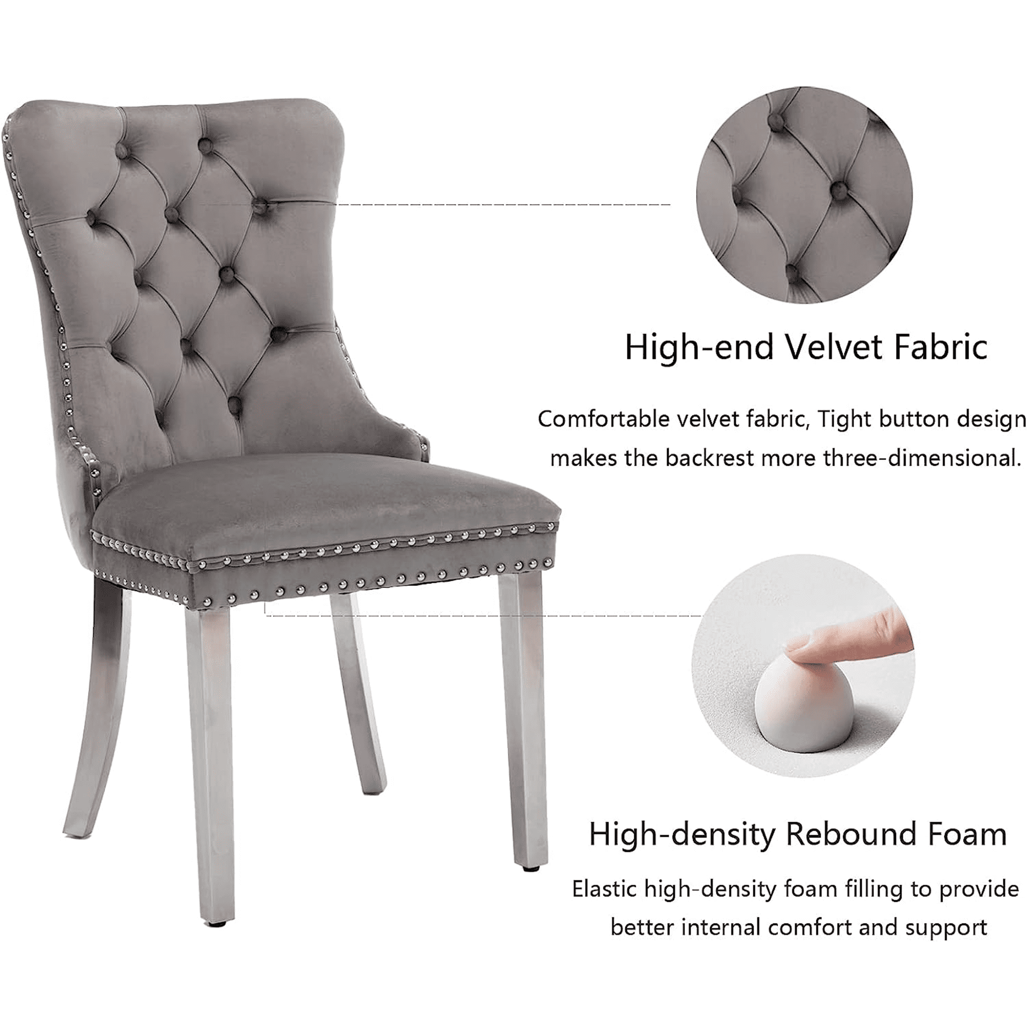 LegaHome Dining Chairs Set of 2, Modern Upholstered Velvet Dining Room Chairs with Nailhead Trim and Chrome Stainless Steel Plating Solid Wood Legs, Tufted Button Padded Chairs Set for Kitchen, Gray