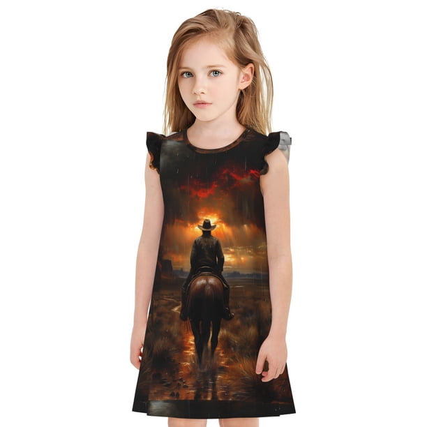Balery Western Rainy Desert Cowboy Camisón de princesa para niñas, pijama de algodón con mangas abullonadas, suave y bonito.-Large