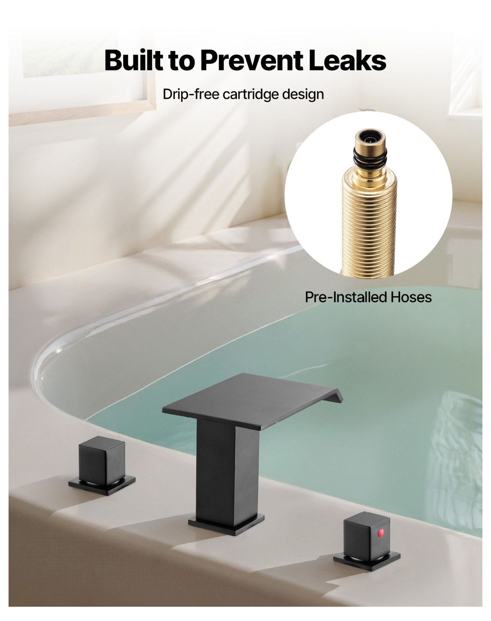 Roman Tub Faucet 3 Hole, Waterfall Bathtub Faucet with Handles, Deck Mount Tub Spout for Pet/Baby, Matte Black, Drip-Free