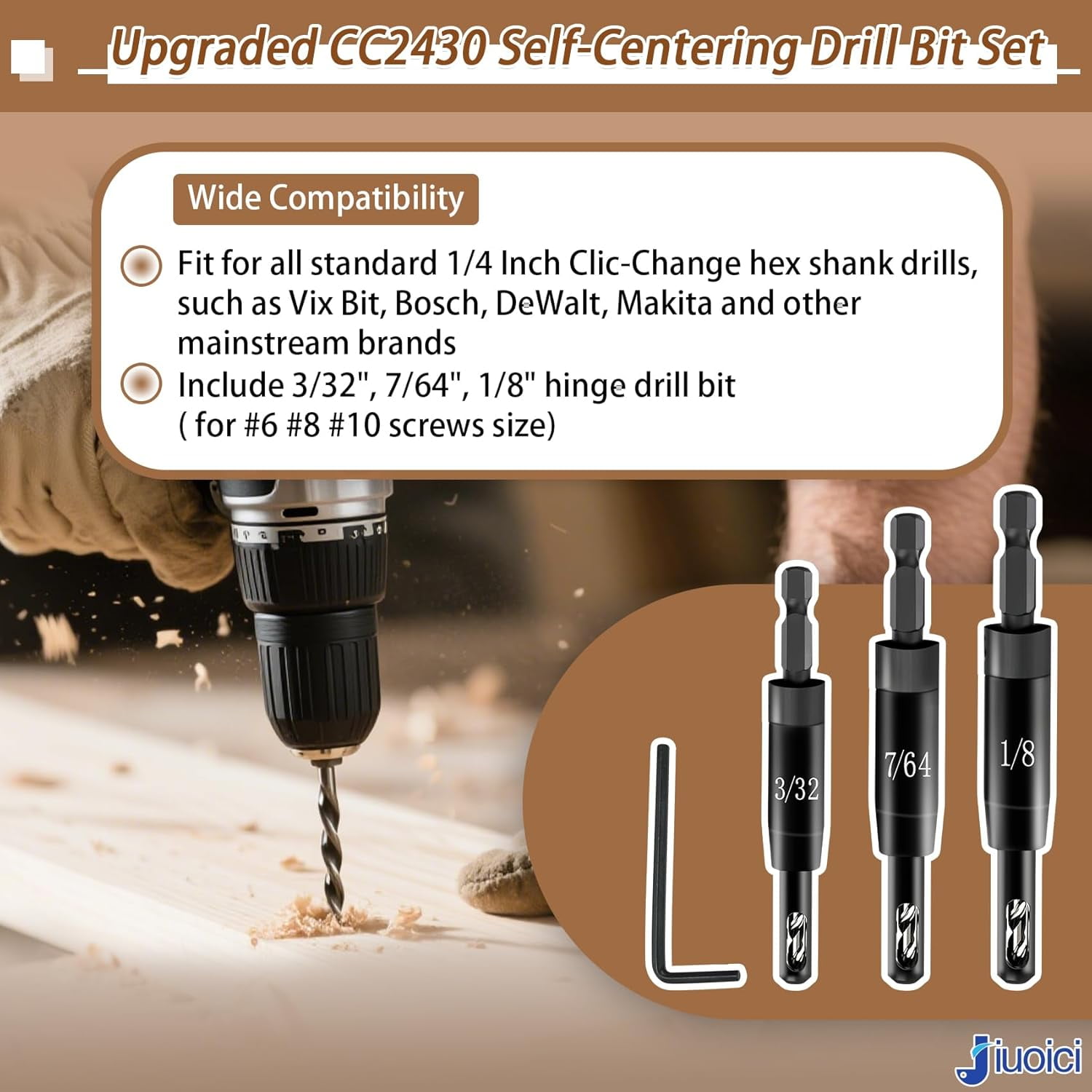 ABCISI 2025 Self-Centering Drill Bit Set for Bosch CC2430 1/4 in Hex Shank Drills, 3/32", 7/64", 1/8" VIX Bit Hinge Drill Bit, Ultra-Hard Steel & High Precision, Install Hinges & Drill Pilot Holes