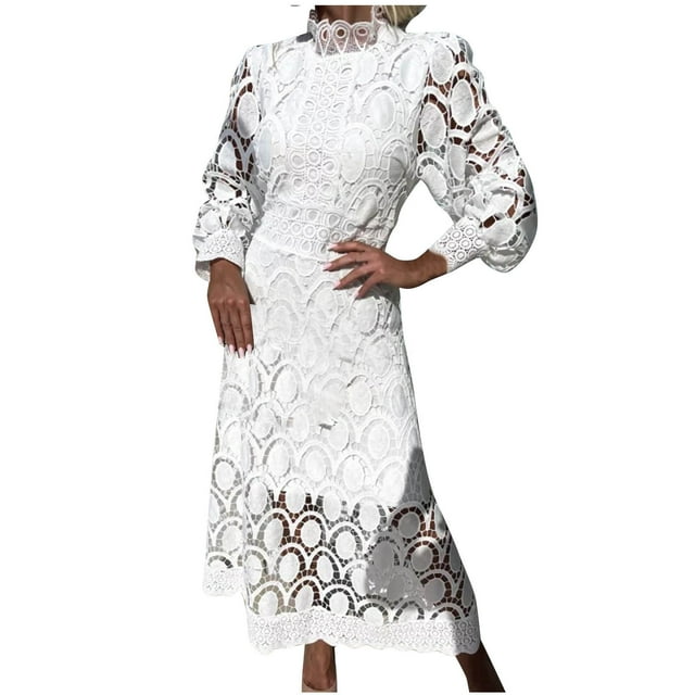 Birdeem Robes pour Femmes Robe d'Été en Dentelle pour Femmes à Manches Bouffantes, Taille Cintrée, Unie, Col Rond