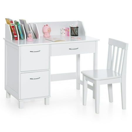 Infans Kids Wooden Study Desk & Chair Writing Table w/Drawer Storage Cabinet