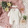 thumbnail image 4 of KPOPLK Smocked Baby Girl Clothes Outfit 0 3 6 9 12 18 Months Newborn Girl Long Sleeve Jumpsuit and Headband Fall 2 Piece Set(0-1 Months,White), 4 of 8