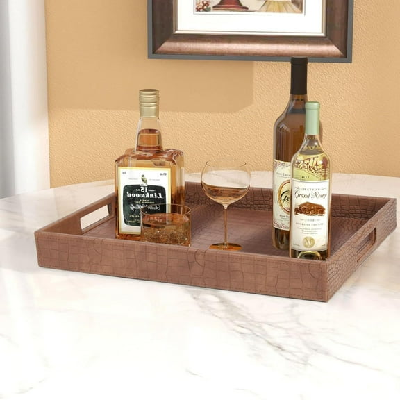 Rectangle Serving Tray with Hole Handles for Coffee Table, Breakfast, Tea, Food - Faux Leather (Antique Brown)