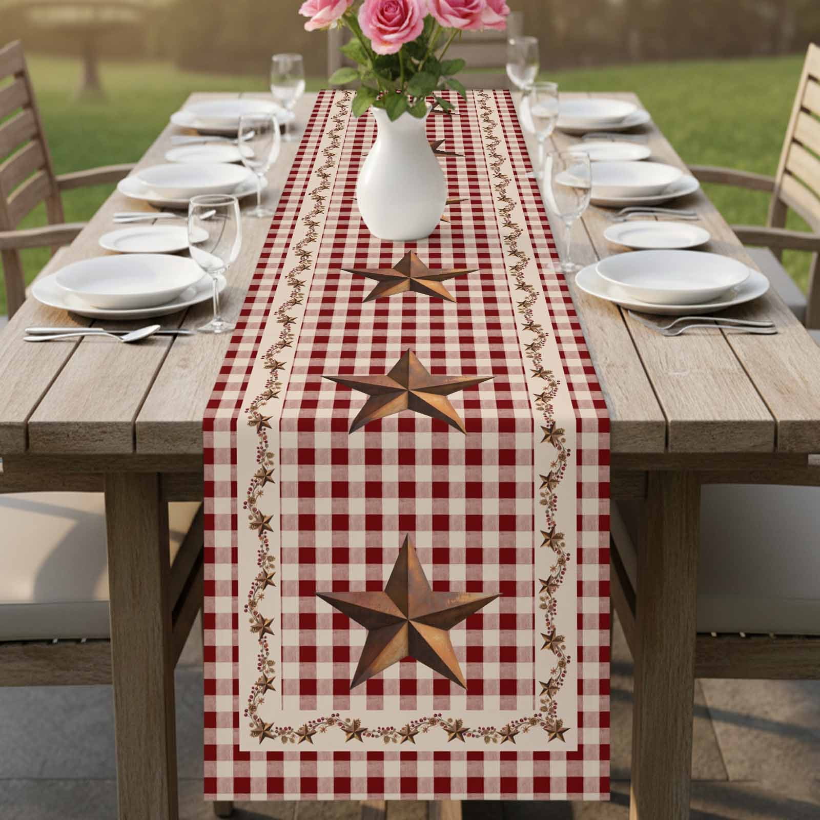 Rusty Country Stars Table Runner, Farmhouse Berries Vine Red Beige Plaid Cotton Linen Kitchen Table Decoration Washable Dining Tabletop Runners for Home Party Decor 13x108 Inches