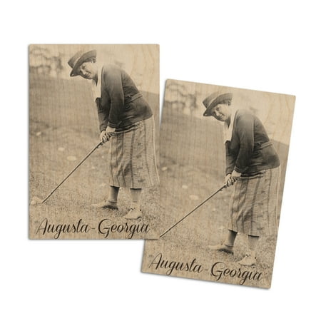 Augusta, Georgia, Woman in Golf Attire (4x6 Birch Wood Postcards, 2-Pack Stationary, Rustic Home Wall Decor)