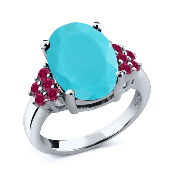 Gem Stone King 3.50 Ct Oval Green Turquoise Red Created Ruby 925 Sterling Silver Ring (Size 8)