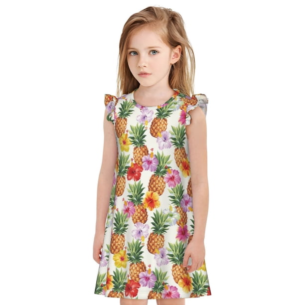 Balery Hawaiian Pineapples And Hibiscus Flowers Camisón de princesa para niñas, pijama de algodón con mangas abullonadas, suave y bonito.-Medium