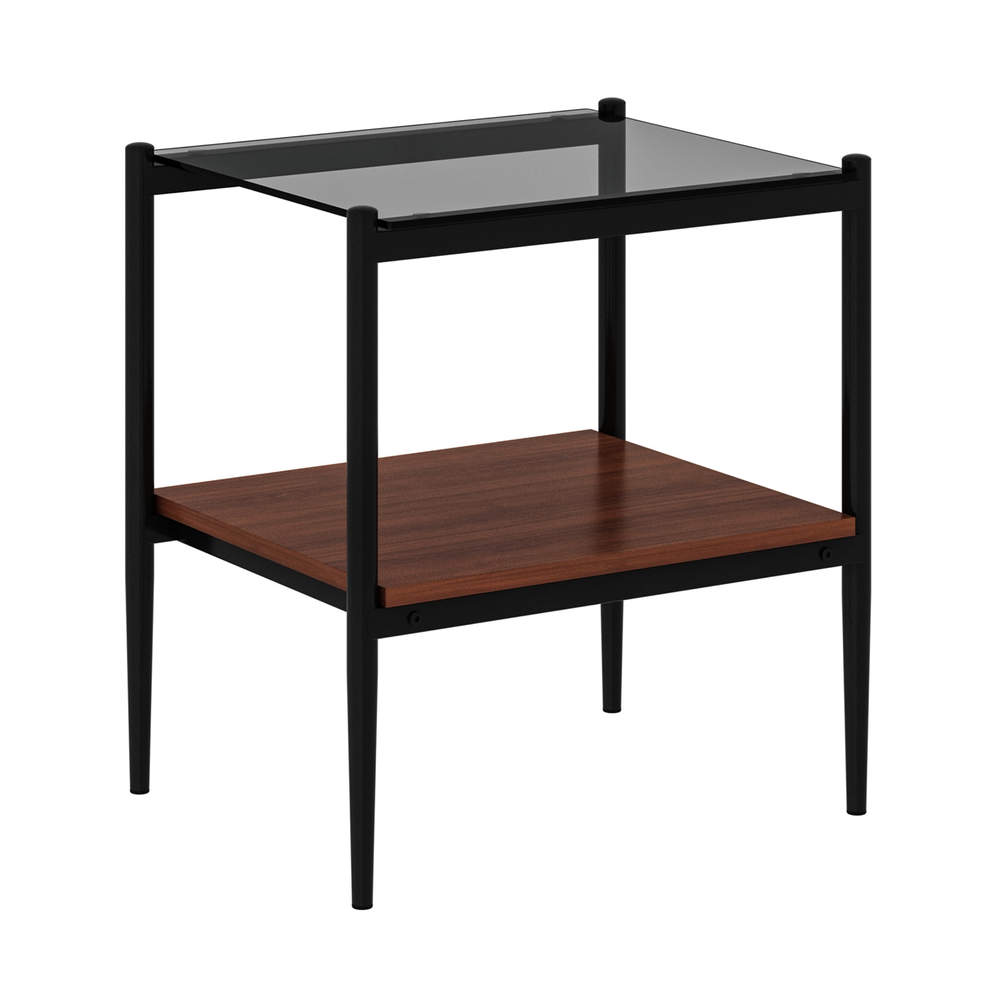 Set of 2 End Tables, Nightstand with Tempered Glass Tabletop, Compact Side Table with MDF Storage Shelf and Sturdy Iron Legs, Easy Assembly for Bedroom or Living Room, Gray Glass Finish