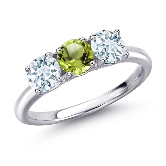 Gem Stone King 925 Sterling Silver Green Peridot and Sky Blue Aquamarine Engagement Ring for Women | 1.55 Cttw | Round 5MM | Gemstone August Birthstone | Size 8