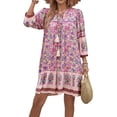 thumbnail image 2 of Vestido Informal de y Verano para Mujer, Cuello en V, Larga 3/4, Estampado Floral, Estilo Bohemio, Minivestido Corto. Rosa L, 2 of 10
