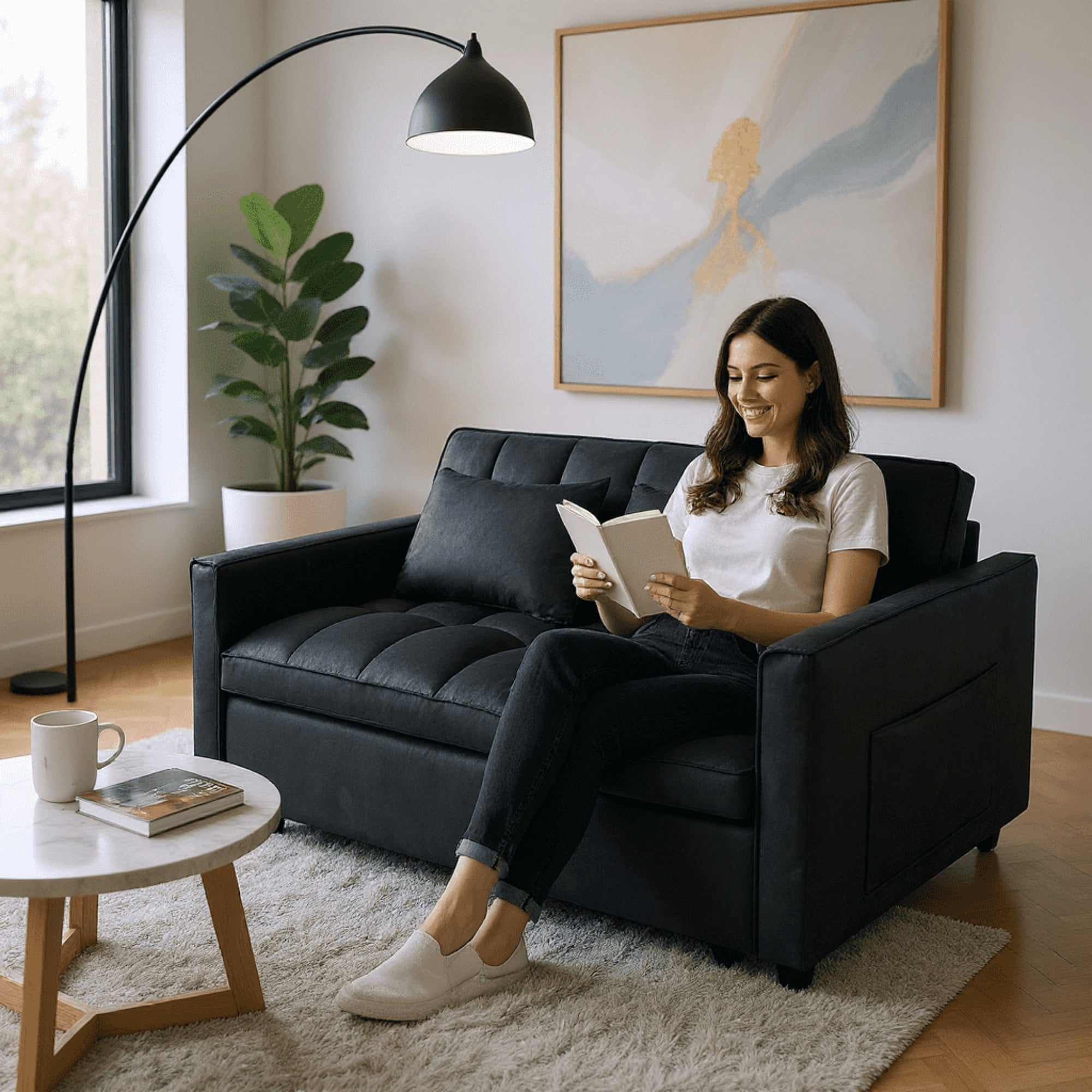 BSHTI 51.1" Pull-Out Sleeper Sofa Bed, Twin-Size Fold Out Sleeper, With 3 Angles Backrest Reclined, Velvet Upholstery, Side Storage Pocket and Two Pillows, Black