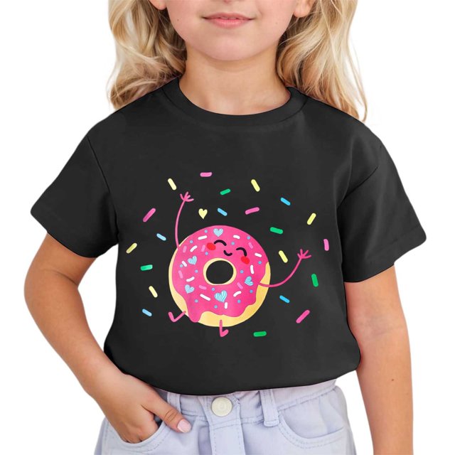 LUOGENLI T-Shirt pour Filles Enfants Mignon Imprimé à Manches Courtes Col Rond T-Shirt Maxi Hauts Ensemble Été Noir 3-4 Ans