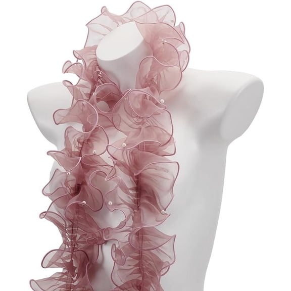 5 Yards Organza Lace Ruffled Fabric Trim with Beads for Applique Craft Wedding Dress Decor Pale Violet Red Color 4.9 in Wide 1set