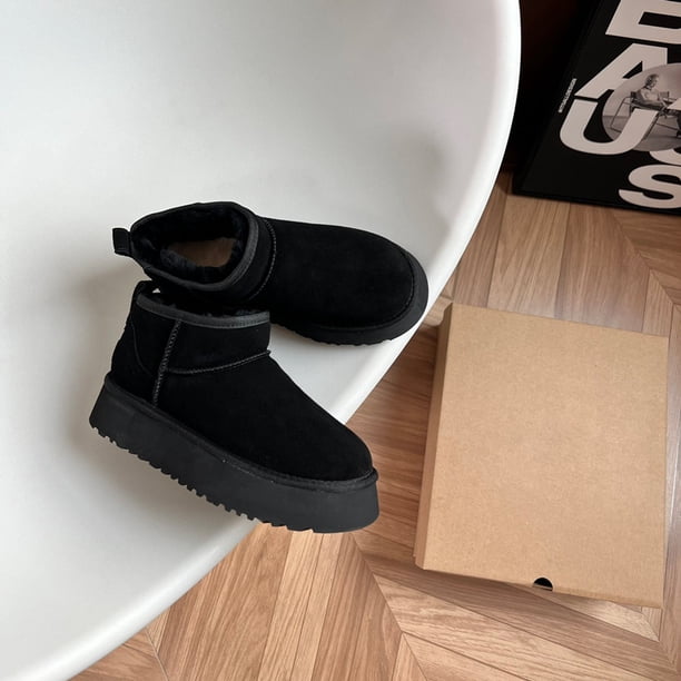 Botas de nieve de invierno de piel auténtica con suela gruesa y tacón bajo para mujer