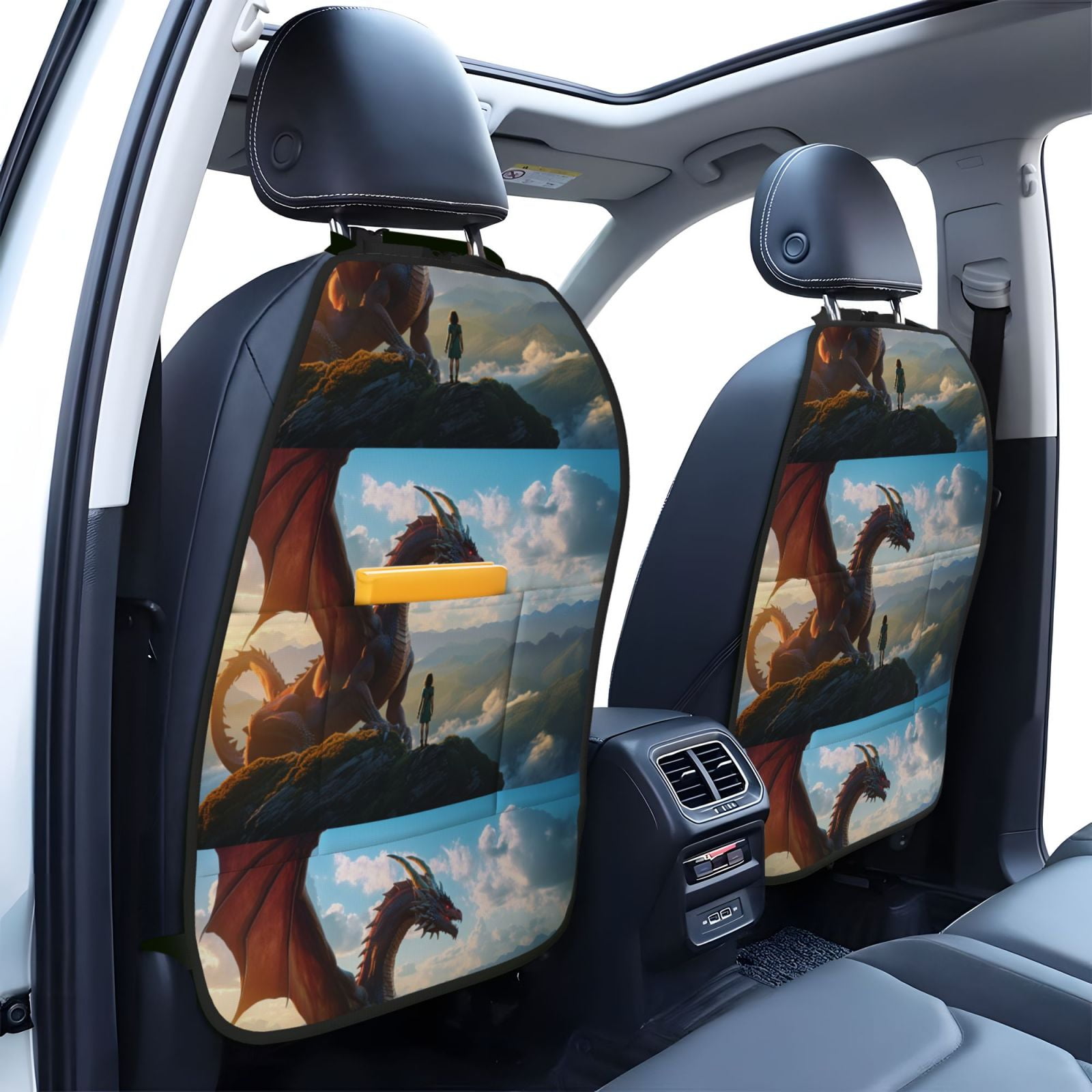 Xecao Clear Sky Mountain Red Dragon Pattern Car Seat Back Protector 2 Pack Large Capacity Pocket, Kick Mats Back Seat Protector