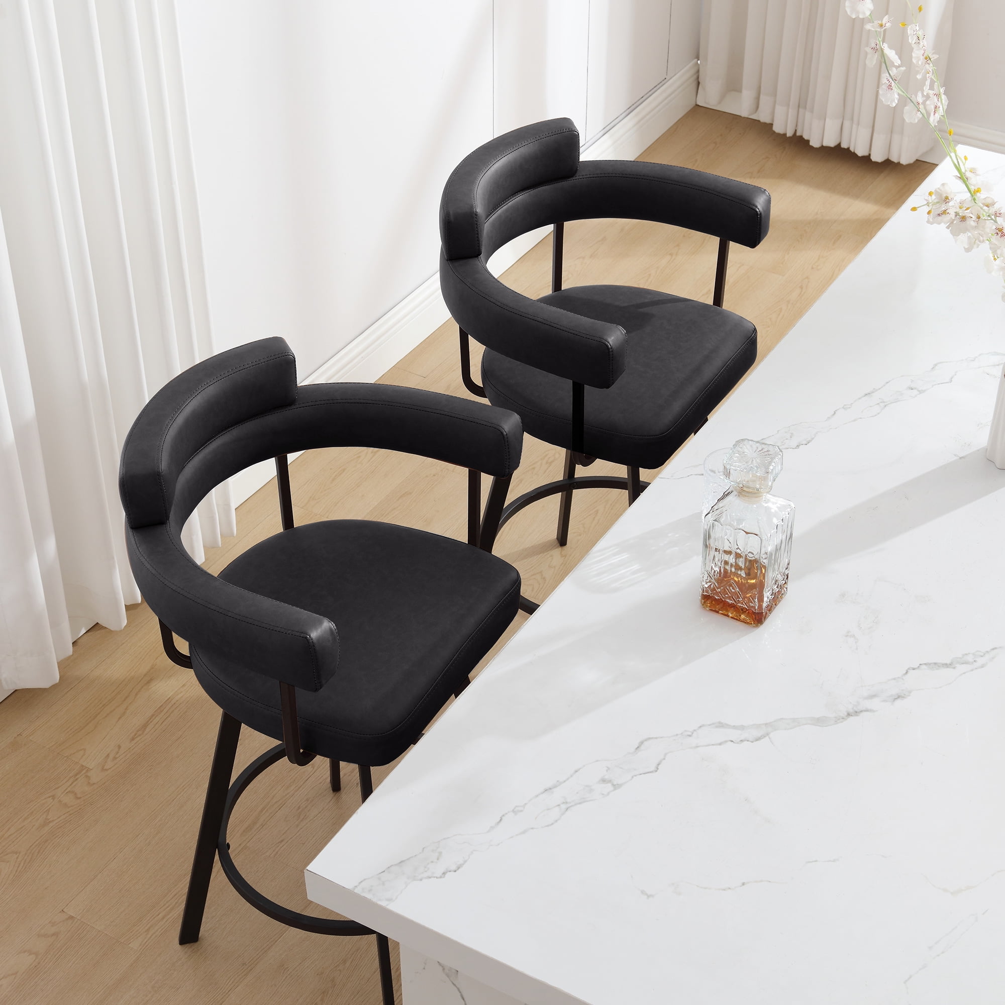 Zesthouse 26" Counter Height Swivel Barstools, Faux Leather Upholstered Bar Stools Set of 2, Armrests, Metal Base, Black