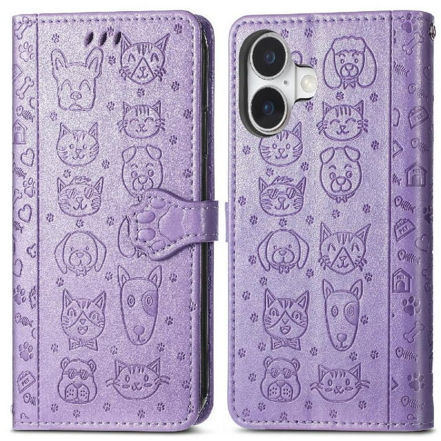 Funda Cartera FOXDOCK para iPhone 16 , Flip PU con Relieve de Gatos y Perros, Tarjetero y Soporte