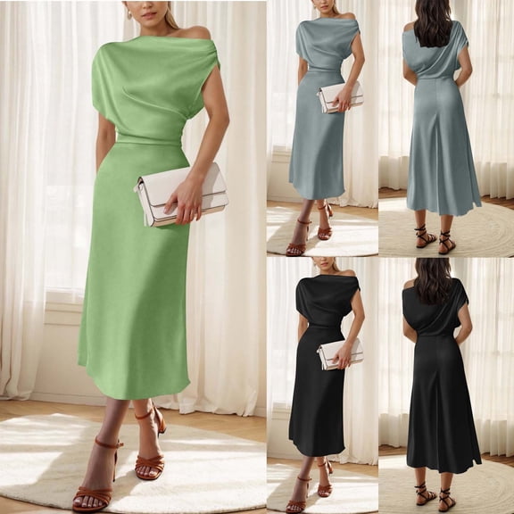 THDHVS Women's Casual Dresses,Summer Dresses for Women 2025,Fashion Off The Shoulder Women's Solid Fashion Round Neck Short Sleeve Dresses Casual Comfortable All Occasion Blue M