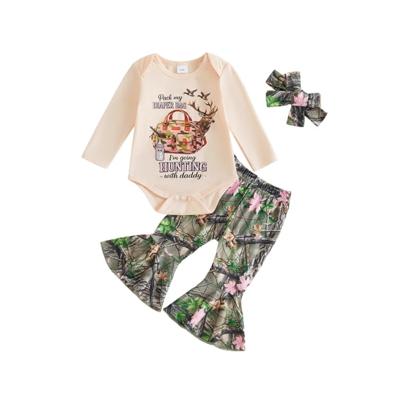 RUINIXCW Newborn Baby Girl Hunting Outfit Infant Baby Girl Spring Fall Winter Clothes Long Sleeve Romper with Bell Bottom Flare Pants Headband Set