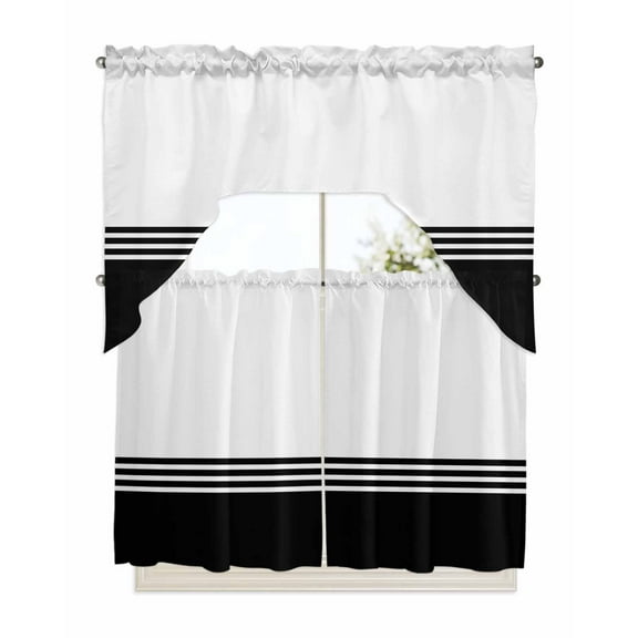 Black White Striped Kitchen Curtains Swag Valance and Tier Curtains Set 36 Inch Length, Modern Abstract Art Aesthetics Rod Pocket Drape Panels Pair Swag Curtains for Bathroom/Cafe/Window