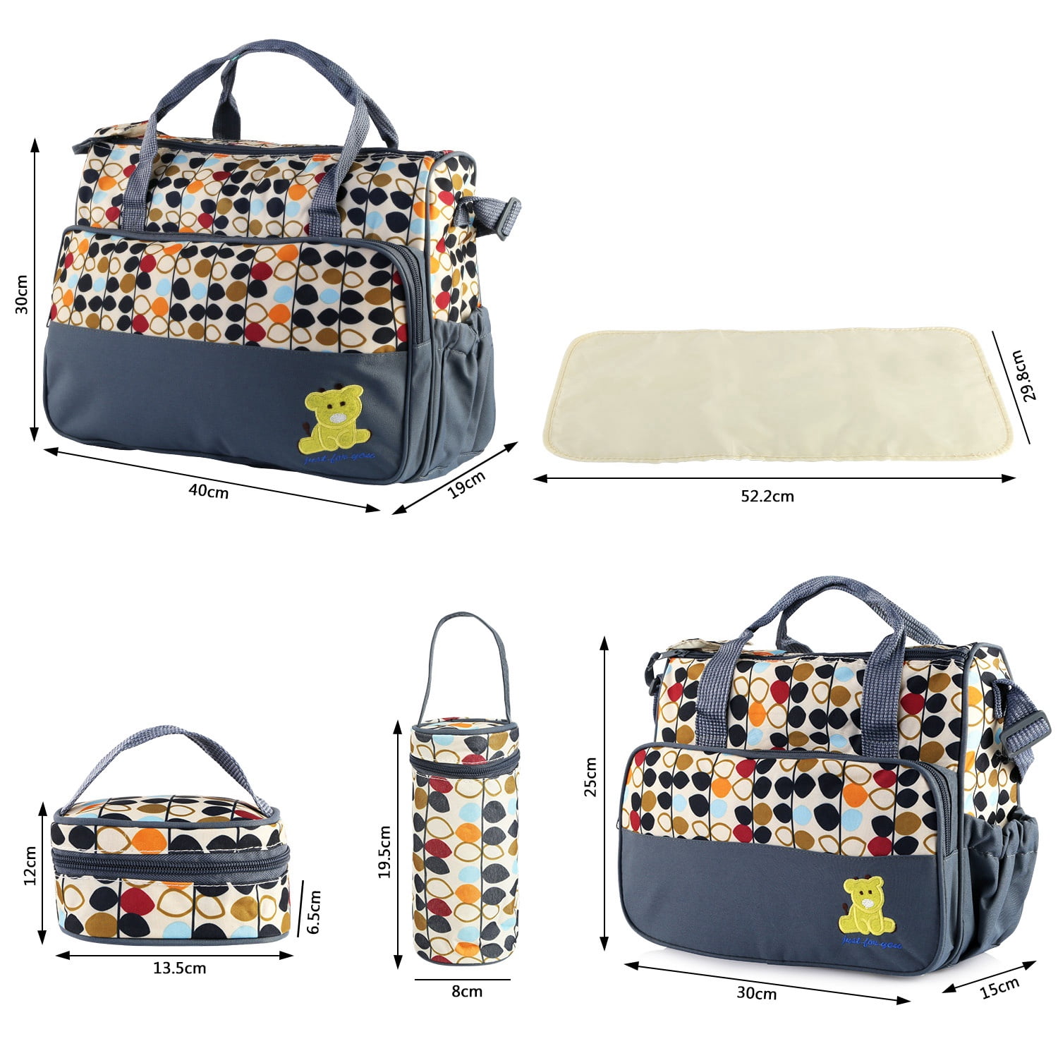 iMounTEK Baby Diaper Tote Stylish Nappy Messenger Insulated Bag 5 Piece Set Large Medium Handbag, Food/Bottle Bag, Gray