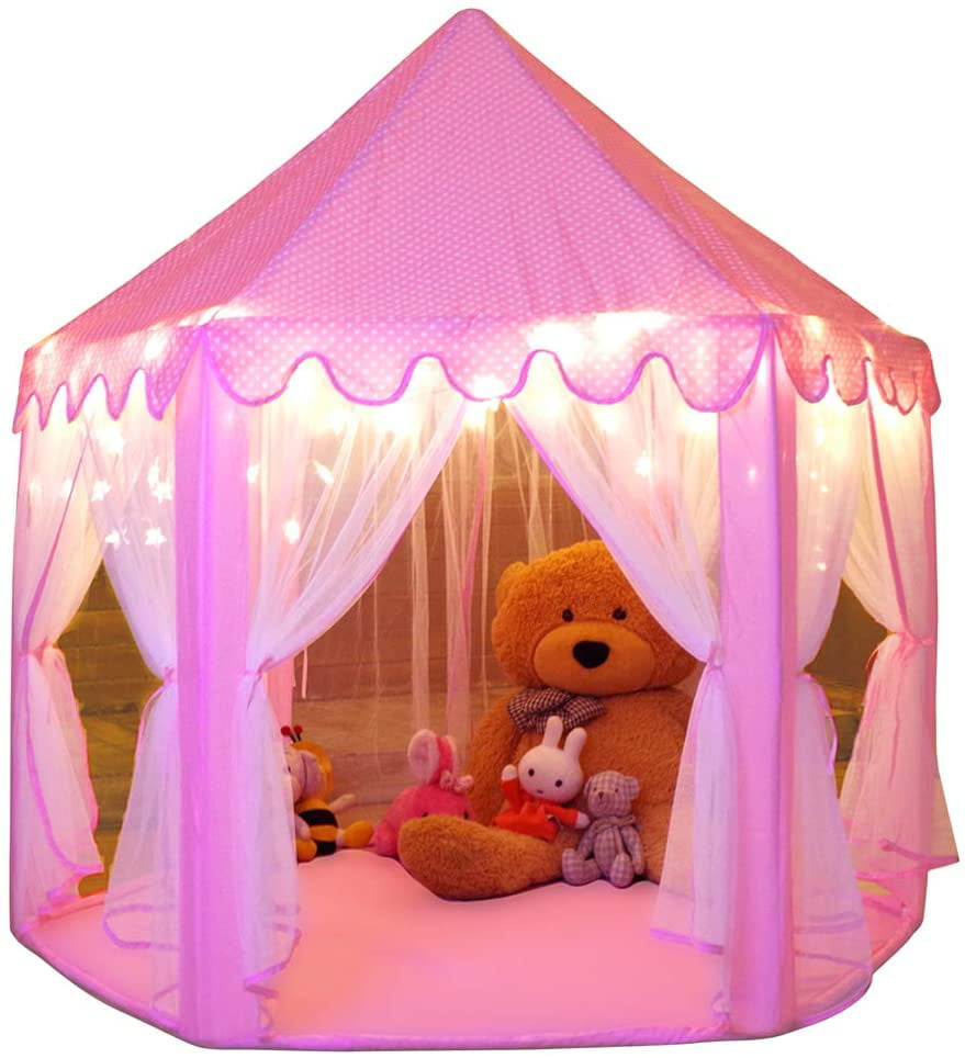 Princess Castle Play Tent for Girls w/ Star String Lights Playhouse Indoor Toys 