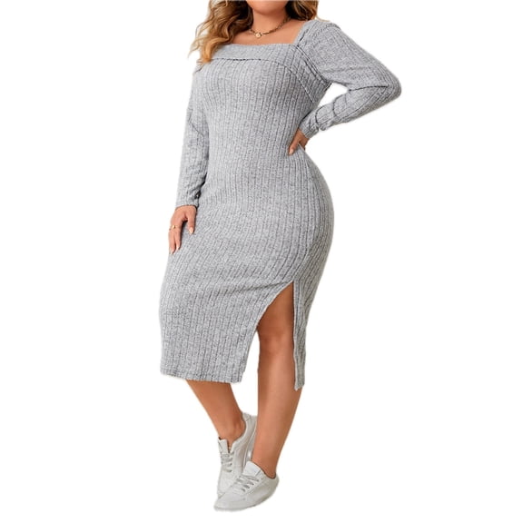Women's Plus Size Square Neck Long Sleeve Slit Dress 95% polyester 5% elastane Comfortable Elegant Flattering Fit