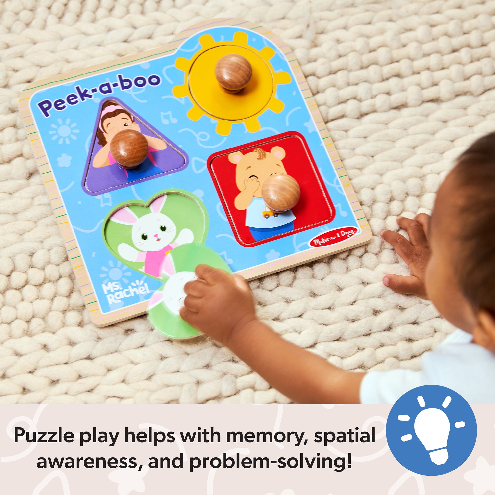 Melissa & Doug® Ms. Rachel™ Wooden Peek-a-Boo Jumbo Peg Puzzle, 4-Piece with Mirror, Toddler Toys Ages 1+ Years