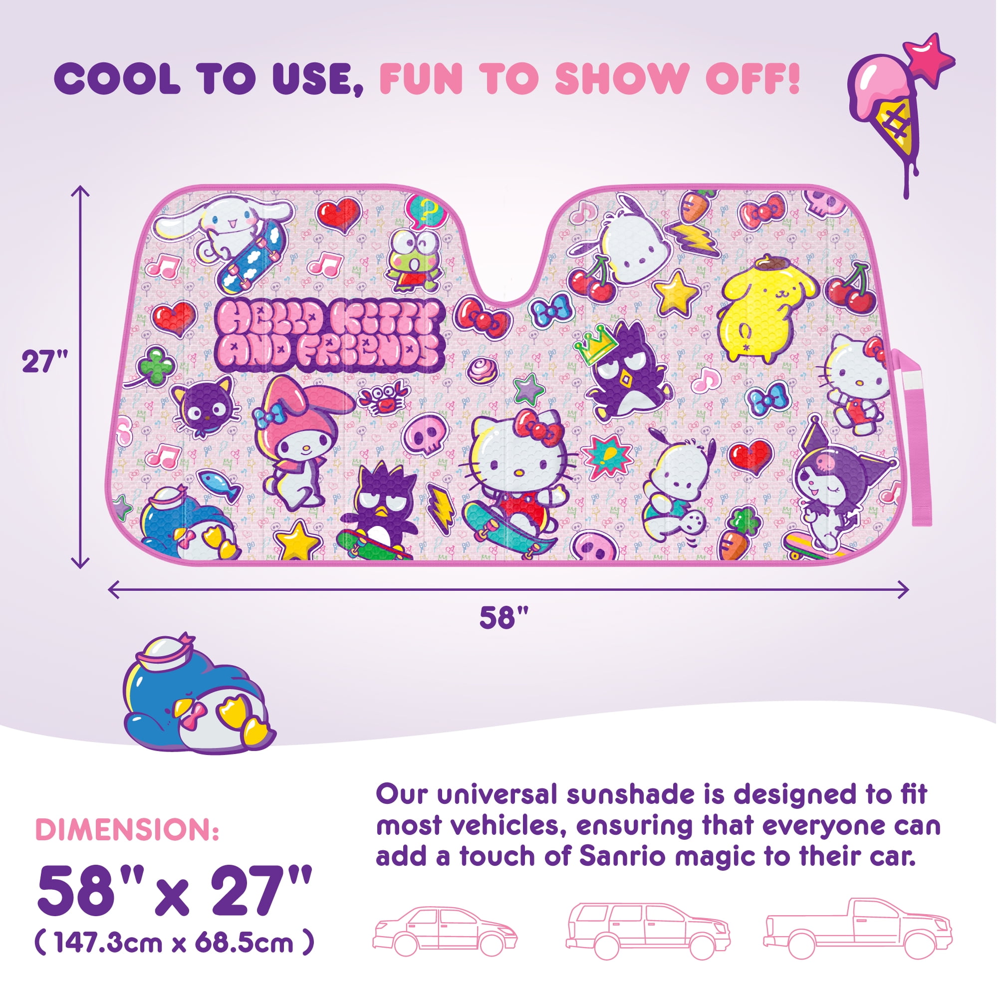Carbella Hello Kitty and Friends Car Windshield Sun Shade, Official Sanrio Accordion Style Sunshade for Car Window, Cute Car Sun Shade Windshield, Hello Kitty Car Accessories for Women (HK & Friends)