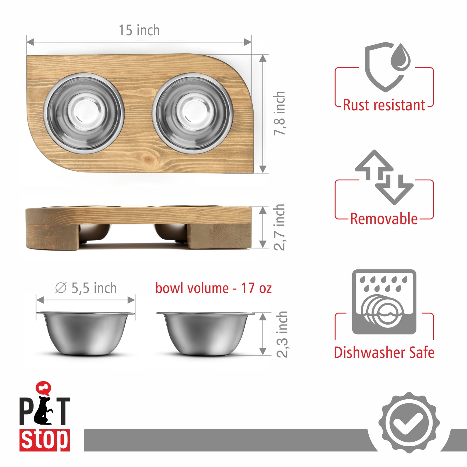 Pit stop Pet Food Bowls with Stand, Puppy Dog Feeding Bowls With Non-Skid Wooden Stand, Set of 2 Stainless Steel Food and Water Bowls for Dogs and Cats With Pine Wood Holder-Natural Wood Color-PET0004