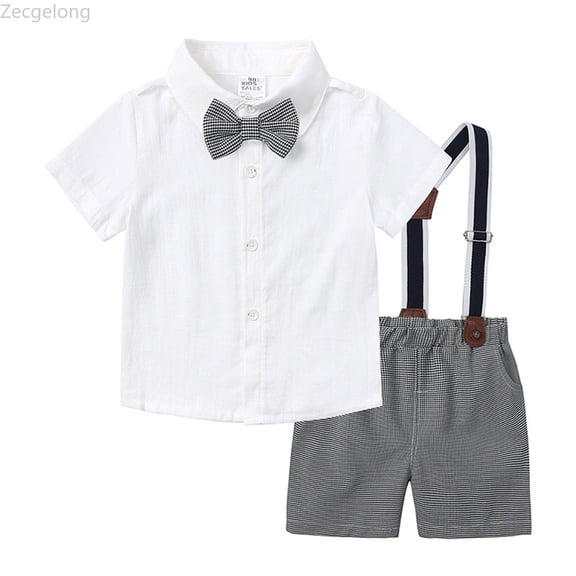 Zecgelong Toddler Kids Baby Boy Outfit Bowtie Dress Shirt Suspenders Shorts Summer Wedding Party Formal Suits Boys Dressy Short Sleeve Sets for Boys 2-3 Years