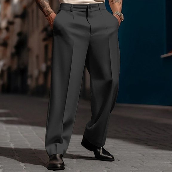 ZHOGXU Mens Casual Pants High Waist Straight Fit Solid Color Comfortable Front Pleated Dress Trousers For Work Office Formal Wear Black L