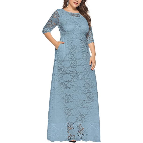 blue lace dress with sleeves Miss Circle Women Giada Navy Lace Deep V Long Sleeve Maxi Dress main image 0