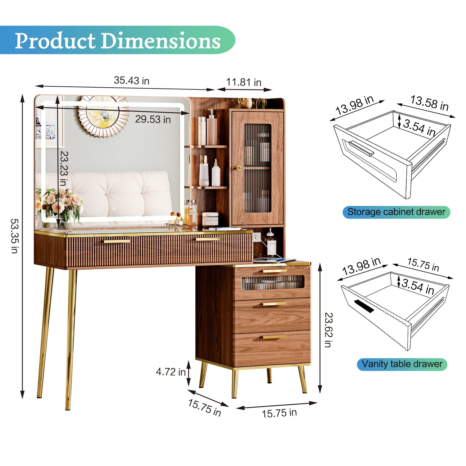 Arulvmrn Vanity Desk with 29.53" HD Lighted Mirror, 47.24" Big Modern Vanity Desk with Mirror and Lights, Makeup Vanity with 5 Drawers and Storage Shelves and Charging Station, Walnut