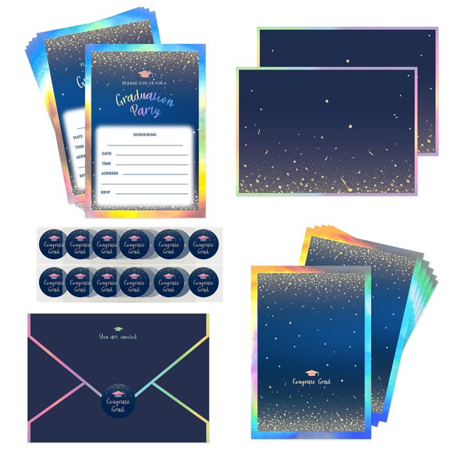 Cheerland Juego de 12 invitaciones, sobres de invitación de graduación azul holográfico, pegatinas, tarjetas, invitaciones de graduación azul real con confeti dorado, felicitaciones, suministros para