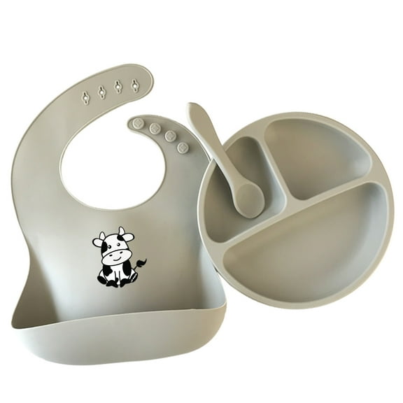 Lil' MooChi Silicone Signature Baby Feeding Set - FDA approved and BPA free | Waterproof, Easy to Clean, Soft (Gray)