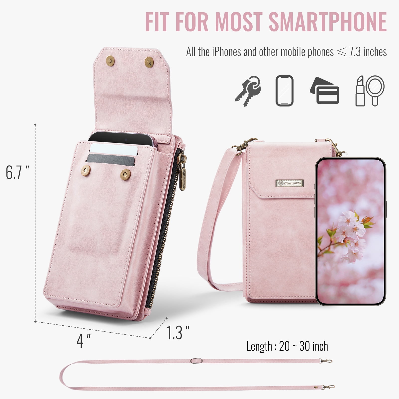 Crossbody Cell Phone Purse Bag for Women Men, Small Leather Wallet with 10 Card Slots, Zipper Pocket & Adjustable Strap Shoulder Bag Clutch with Magnetic Closure Fits Most Smartphones Under 7.3",Pink