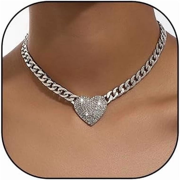 Heart Pendant Necklace for Women Gold Heart Choker Necklace Silver Rhinestone Chunky Cz Heart Necklaces Punk Cuban Link Chain Necklace Trendy Jewelry