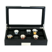 TimelyBuys 12 Ebony Wood Watch Box Display Case Storage Jewelry Organizer with Glass Top, Stainless Steel Accents, and Oversized Black Pillows